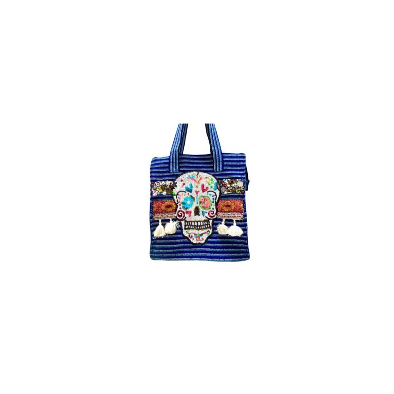 Bolsa Azul con Calavera bordada a mano