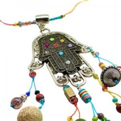 Collar largo Hamsa hecho a mano con cristales y dijes de protección