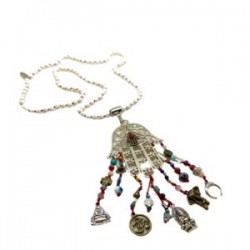 Collar largo Hamsa hecho a mano con ojo y dijes de protección