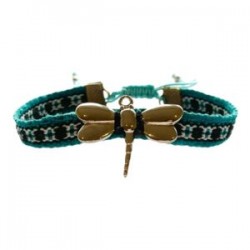 Pulsera con dije de libélula ajustable sobre cinta bordada oaxaqueña