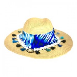 Sombrero Celulosa color paja con cinta de tela en tonos azules, flecos y cristales.