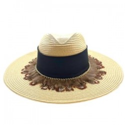 Sombrero Celulosa color paja con cinta negra y plumas