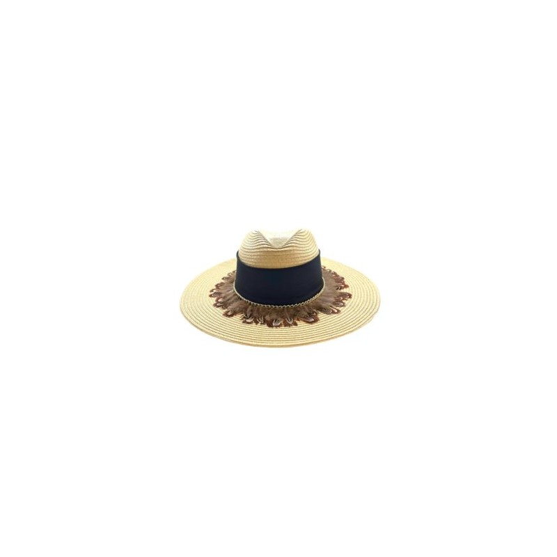 Sombrero Celulosa color paja con cinta negra y plumas