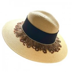 Sombrero Celulosa color paja con cinta negra y plumas