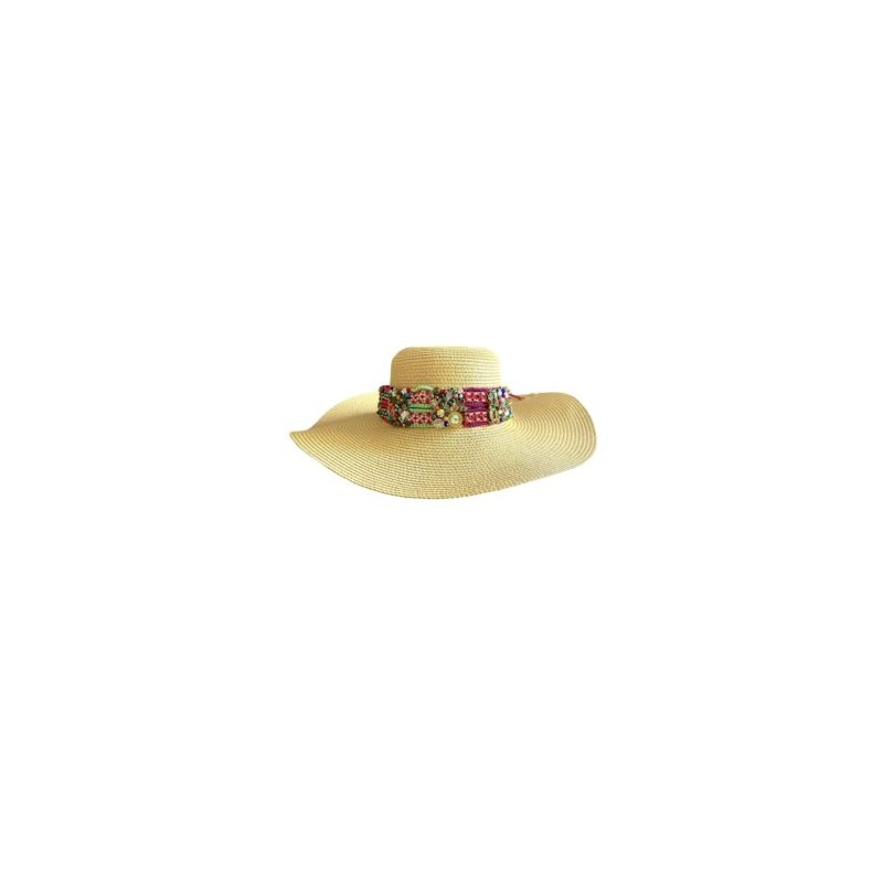 Sombrero de ala ancha con tira huichol tejida y bordada a mano