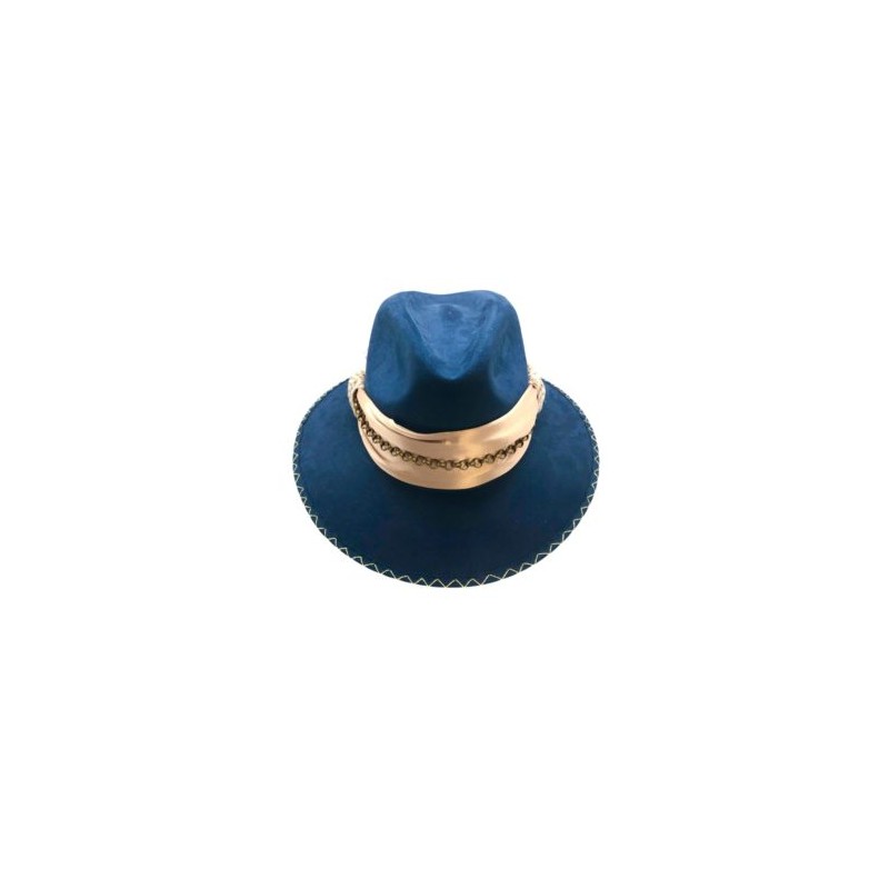 Sombrero de Gamuza color azul marino con cinta de satín dorada