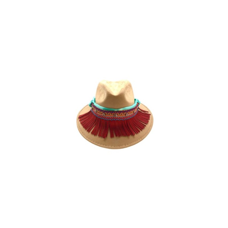 Sombrero de Gamuza con tira de satín y flecos de gamuza color rojo