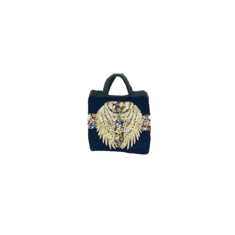 Bolsa tejida y bordada a mano con dijes y parche de alas XL