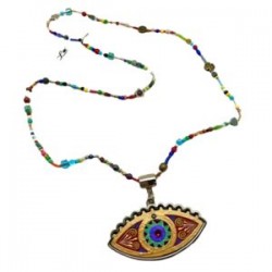 Collar largo con ojo de madera pintado a mano y niquel