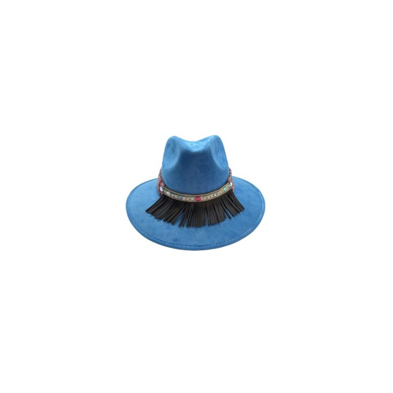 Sombrero de Gamuza AZUL con cinta rayada y piel