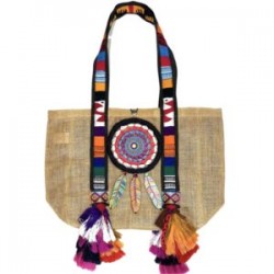 Bolsa de yute con atrapa sueños y plumas de madera