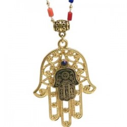 Collar con Hamsa de pewter, oro viejo y cadena multicolor
