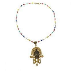 Collar con Hamsa de pewter, oro viejo y cadena multicolor