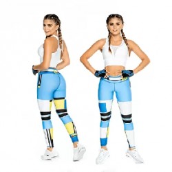 Leggins color azul con franjas amarillas blancas y negras