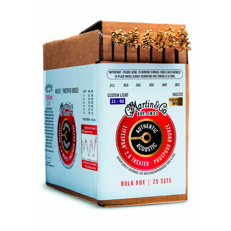 Cuerdas para guitarra, Martin MA535T Custom Light, Caja con 25 paquetes.