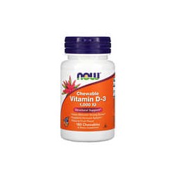 NOW Foods, Vitamina D3 masticable, Sabor natural a frutas, 1000 UI, 180 comprimidos masticables