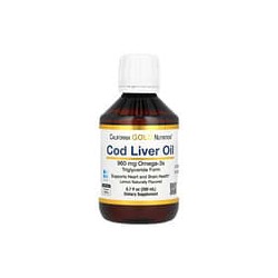 California Gold Nutrition, Aceite de hígado de bacalao, Triglicéridos de origen noruego, Sabor natural a limón, 200ml (6,7oz.líq