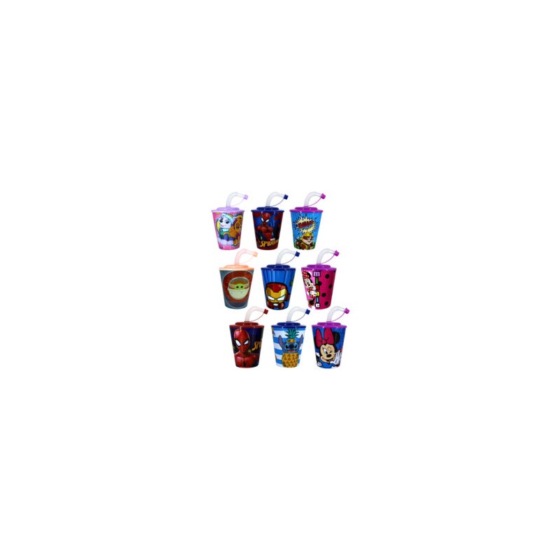 Vaso de plástico con popote 400ml, variedad de personajes h2-v24