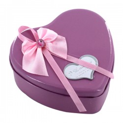 Estuche chico metálico en forma de corazón con moño, oso y 3 rosas artificiales, variedad de colores / i love you / our wedding 