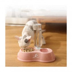 Plato doble redondo de plástico con compartimento dispensador de agua para mascotas, variedad de colores