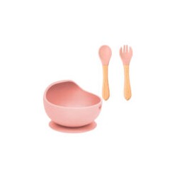 Set plato hondo bowl de silicona + 2 cubiertos con mango de madera para bebé, variedad de colores / ro-0106