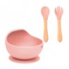 Set plato hondo bowl de silicona + 2 cubiertos con mango de madera para bebé, variedad de colores / ro-0106