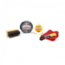 Paquete con kit bolero tradicional color rojo con grasa crema para calzado negro, jabón de calabaza, 2 cepillos y mini trapo de 