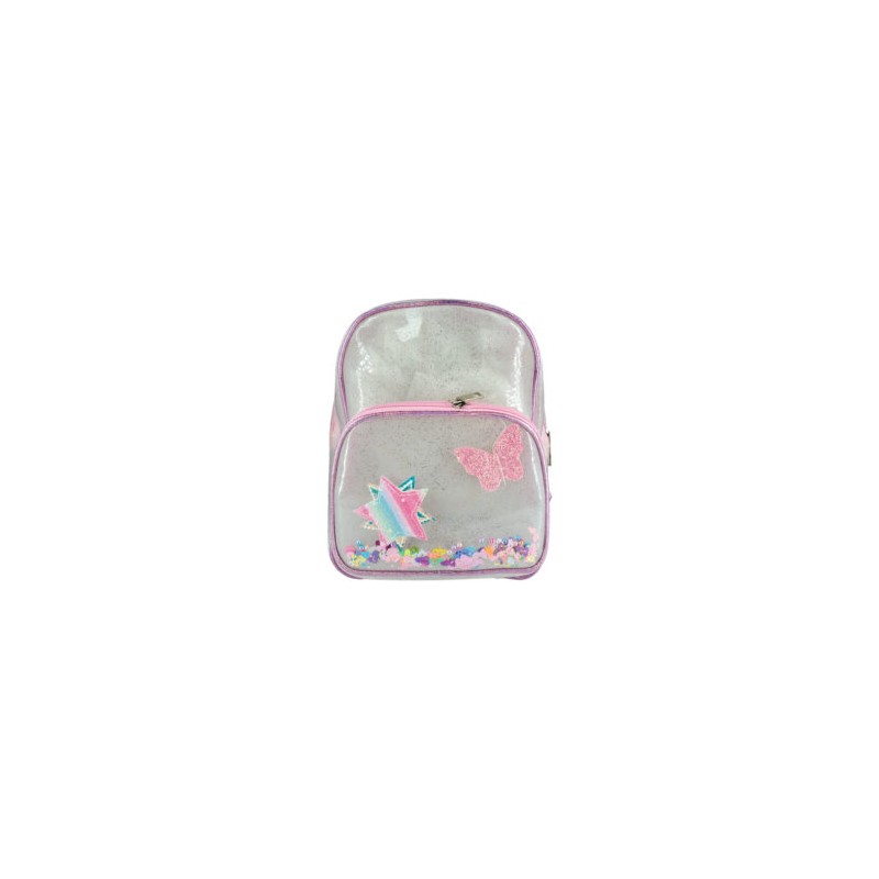Mochila mediana con 2 compartimentos de plástico transparente con diamantina, confeti metálico y figuras cosidas / a-500 / a408