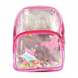 Mochila mediana con 2 compartimentos de plástico transparente con diamantina, confeti metálico y figuras cosidas / a-500 / a408