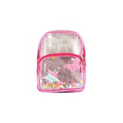 Mochila mediana con 2 compartimentos de plástico transparente con diamantina, confeti metálico y figuras cosidas / a-500 / a408