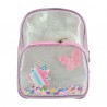 Mochila mediana con 2 compartimentos de plástico transparente con diamantina, confeti metálico y figuras cosidas / a-500 / a408