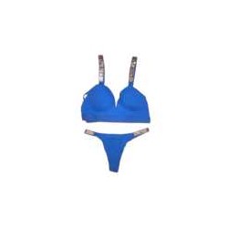 Conjunto de lencería de 2 piezas, brasier liso con tirantes con pedrería y frase love play + bragas con pedrería y frase love pl