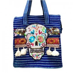 Bolsa Azul con Calavera bordada a mano