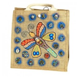 Bolsa cuadrada de yute con LIBELULA pintada a mano y dijes bordados