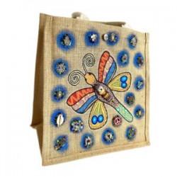Bolsa cuadrada de yute con LIBELULA pintada a mano y dijes bordados