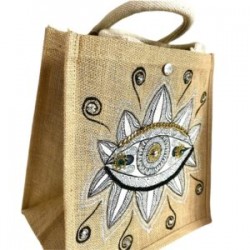 Bolsa cuadrada de yute con ojo pintada a mano