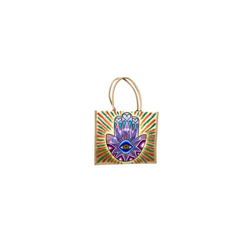 Bolsa de yute con hamsa pintada a mano