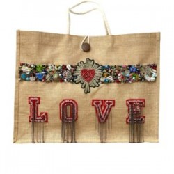 Bolsa de yute con parche de corazón bordada a mano con dijes LOVE