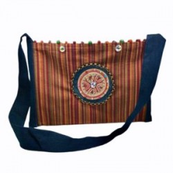 Bolsa de tela boho con cristales, mezclilla y circulo de piel