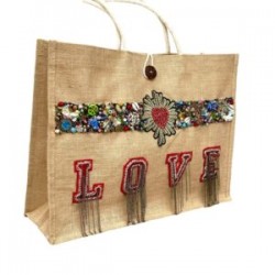 Bolsa de yute con parche de corazón bordada a mano con dijes LOVE