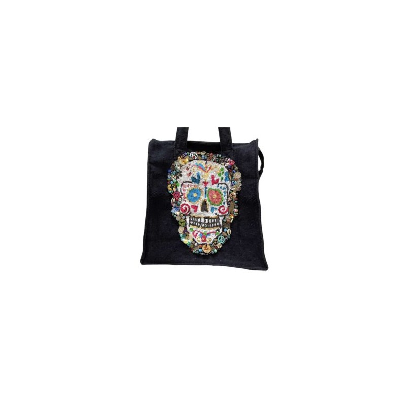 Bolsa Negra con Calavera bordada a mano