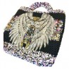 Bolsa tejida y bordada a mano con dijes y parche de alas plateadas XL