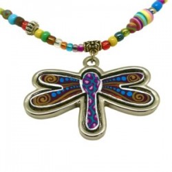 Collar con Libélula de madera pintado a mano y chaquira