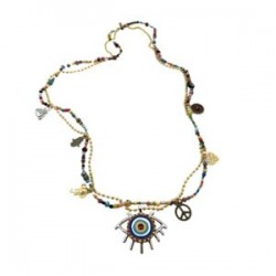 Collar con ojo de madera y cadena de cristales con dijes