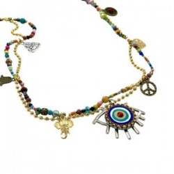 Collar con ojo de madera y cadena de cristales con dijes