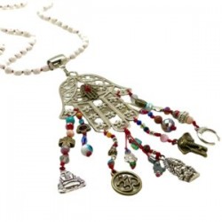 Collar largo Hamsa hecho a mano con ojo y dijes de protección