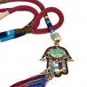 Collar largo con cordón bordado y dije Hamsa con Fleco
