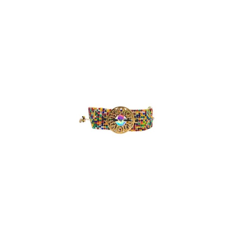 Pulsera de chaquira tejido HUICHOL con dije de pewter y cristal