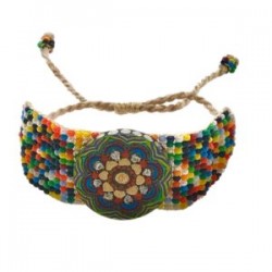 Pulsera de chaquira con Mandala de madera pintado a mano