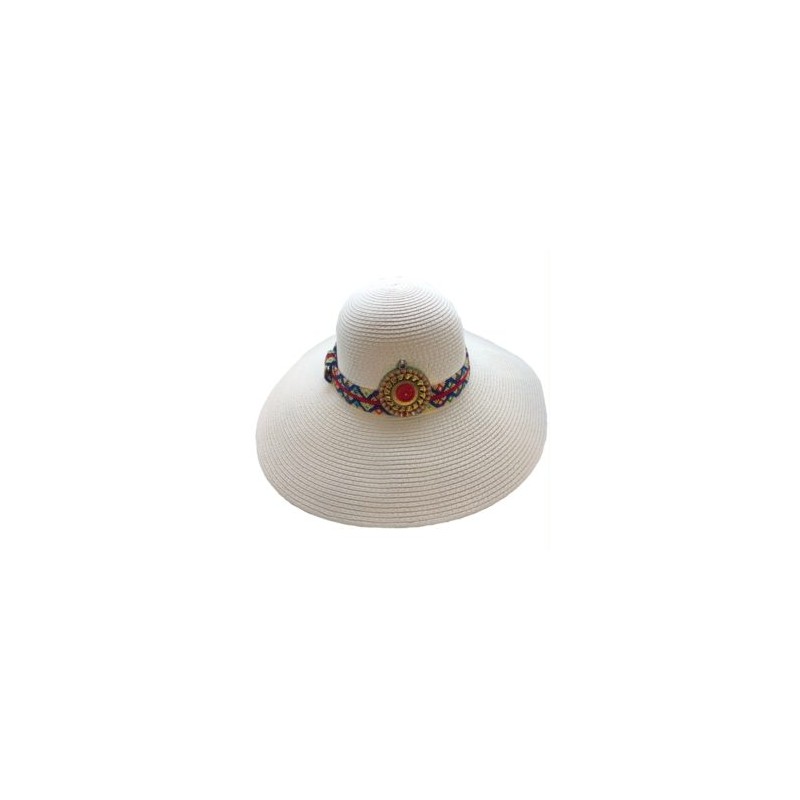 Sombrero Celulosa cinta de chaquira y madera hecho a mano pieza única color blanco